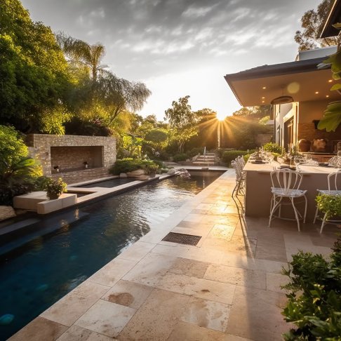 Sun setting over the pool and garden